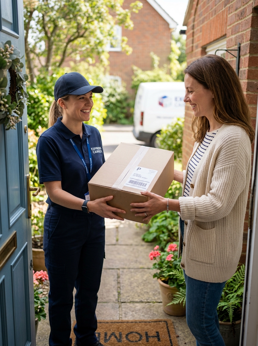 Purchase Package Shipping — courier handing parcel package to customer at doorstep
